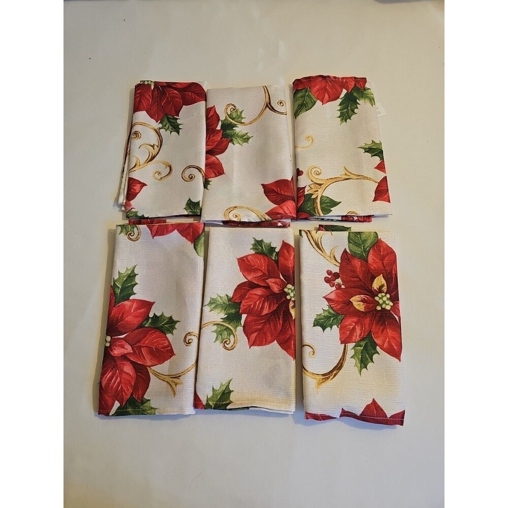 6 Red Poinsettia Holly Berries Christmas Holiday Cloth Dinner Napkins 18.5"X18"